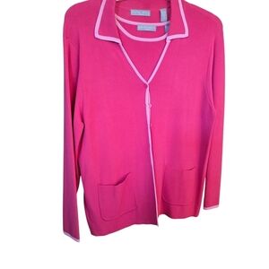 1X Kate Hill Woman Vibrant Pink Sweater And Sleeveless Shell with Geometric Trim